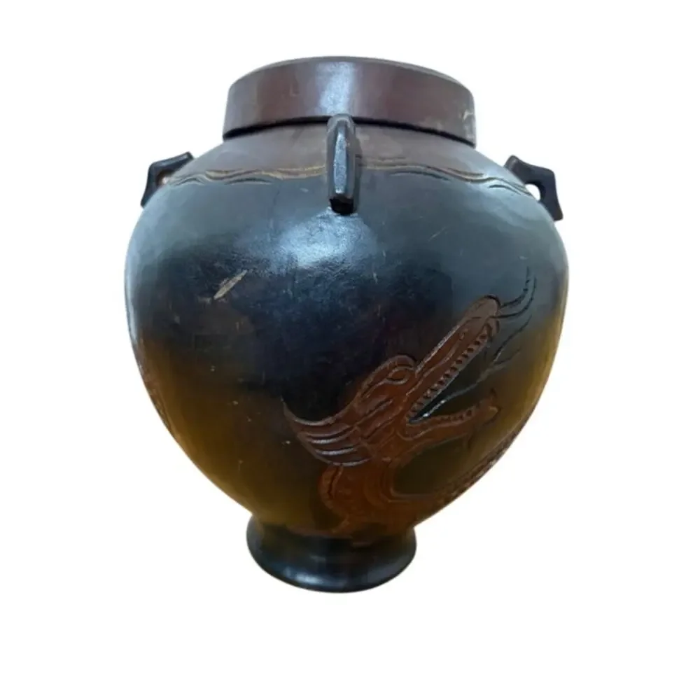 Large Oriental Wood Jar w/ Lid Rice Jar Carved Dragon 4 Carved Strap Handles